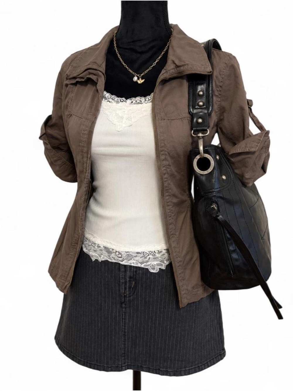 Dark wash pinstripe denim mini skirt